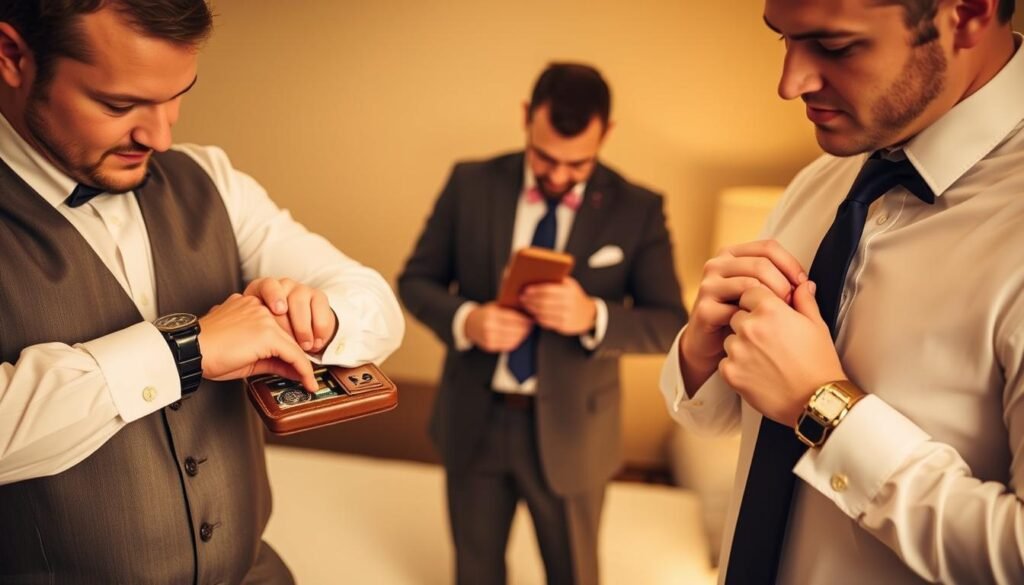 Groomsmen using their practical gifts during wedding preparation