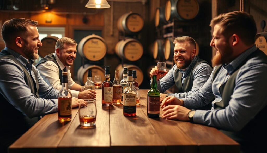 Group of groomsmen enjoying a whiskey tasting experience together
