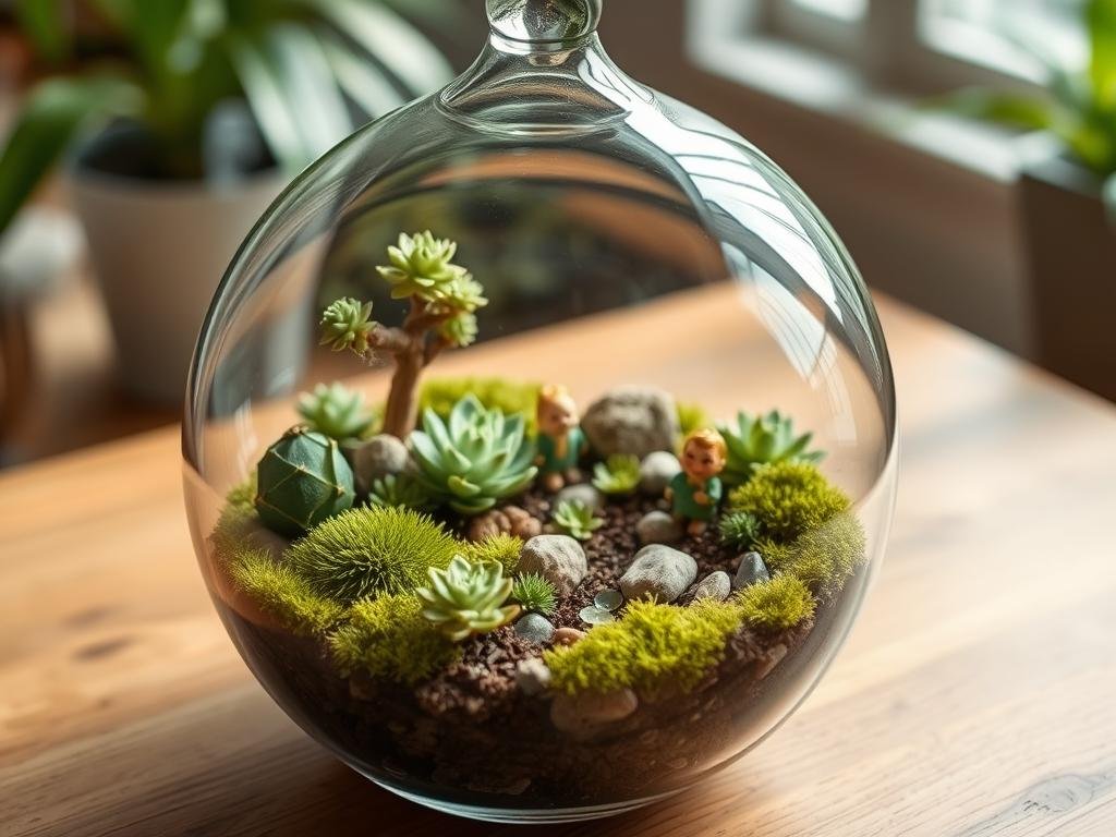 Hand-blown glass terrarium with miniature garden scene inside, featuring small plants and decorative elements