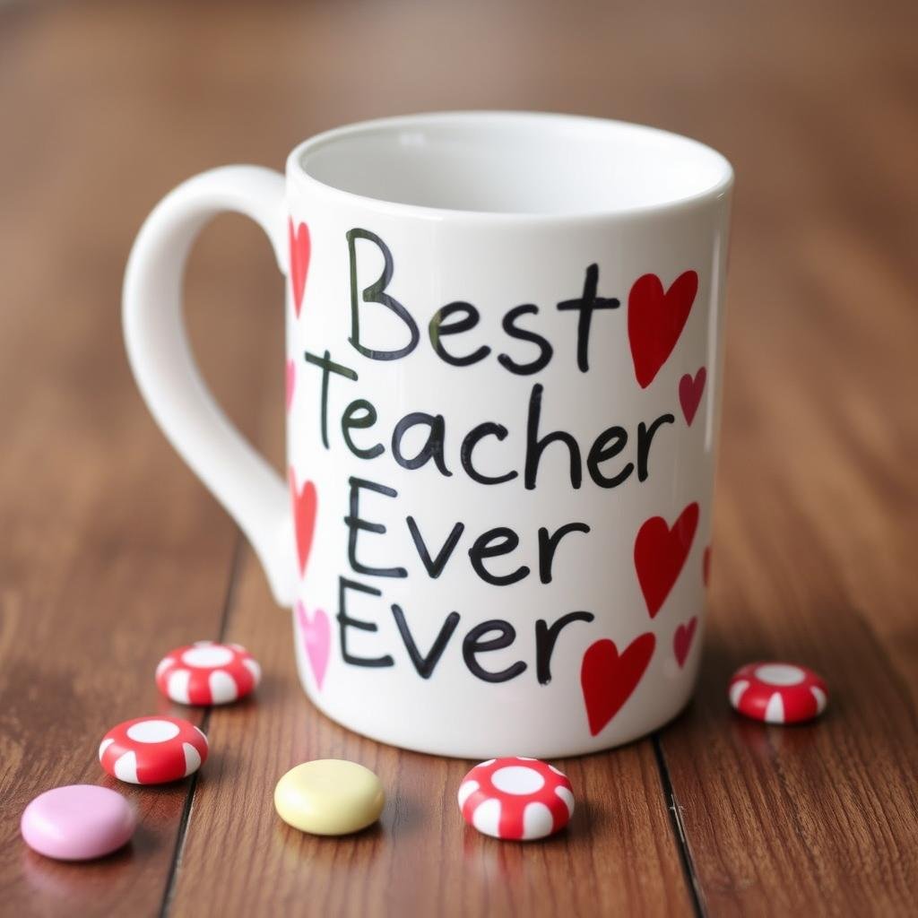 Hand-decorated teacher mug with Valentine's theme