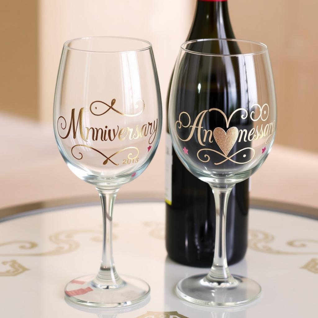 Hand-painted anniversary wine glasses with custom design for anniversary gift ideas