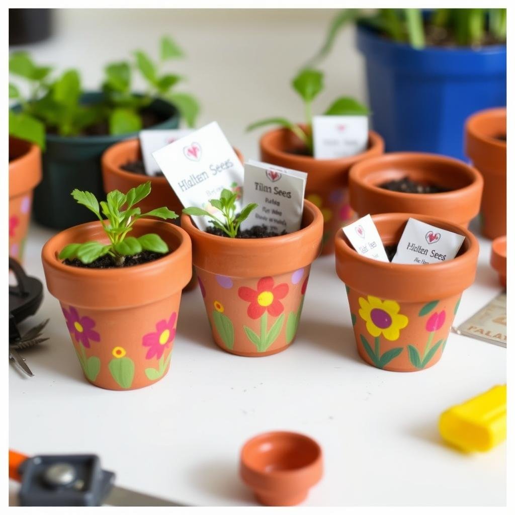 Hand-painted flower pots with seeds as small gifts for neighbors