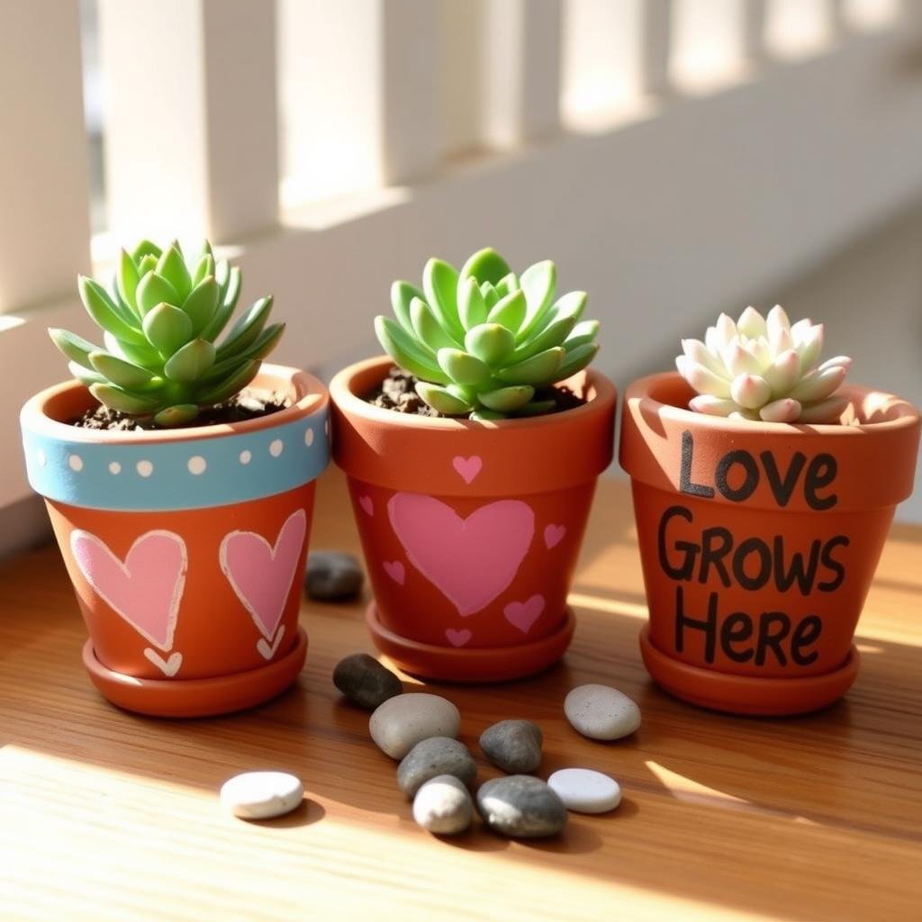 Hand-painted terracotta pots with heart designs and small succulents planted inside