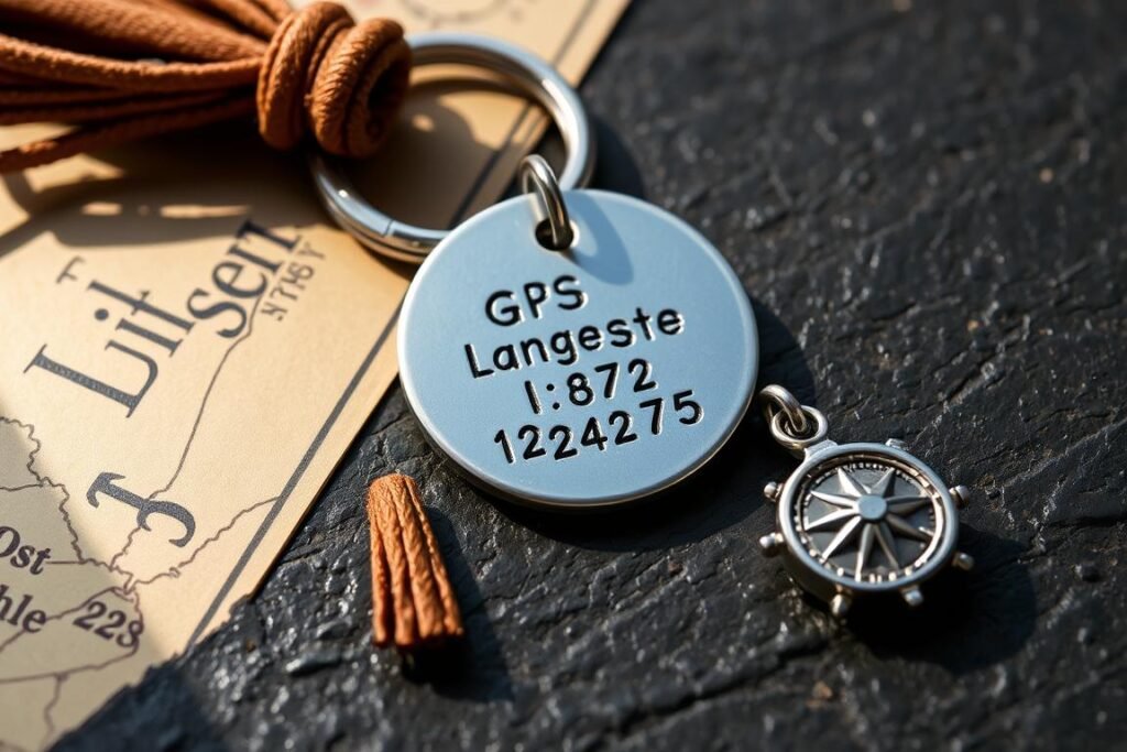 Hand-stamped metal keychain with coordinates and small charm