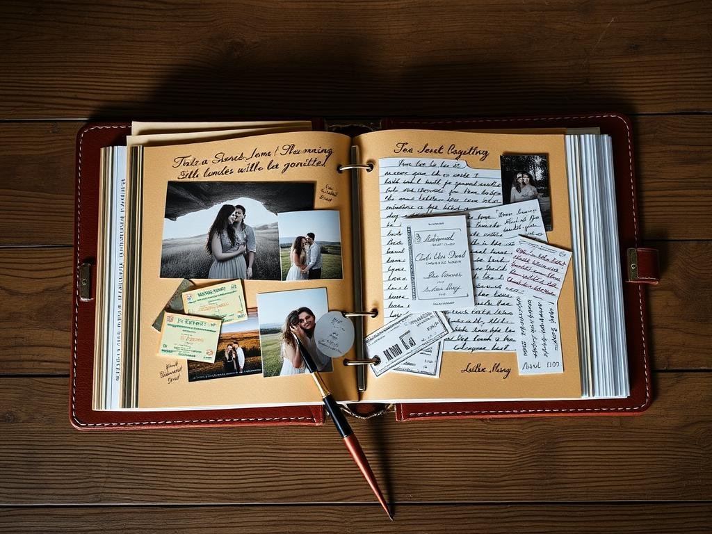Handcrafted anniversary memory book with photos and mementos