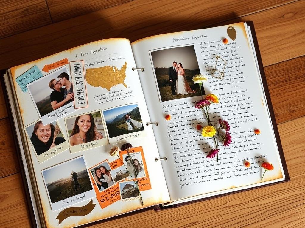 Handcrafted anniversary scrapbook with photos and mementos