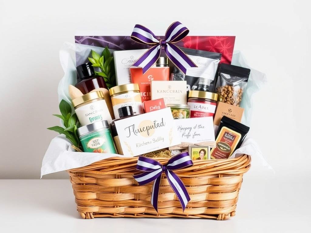 Handcrafted gift basket with themed items for a new home
