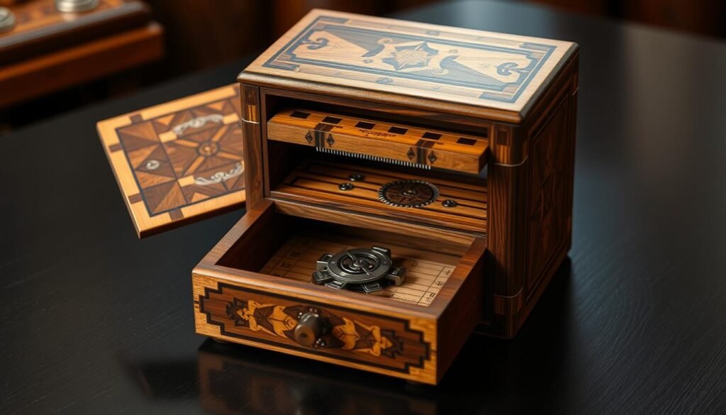 Handcrafted wooden puzzle box with intricate inlay patterns and secret compartments
