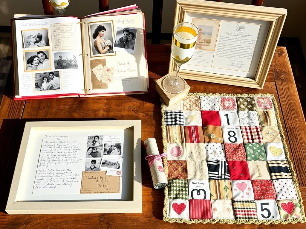 Handmade 50th anniversary gifts including scrapbooks, hand-painted items, and personalized crafts