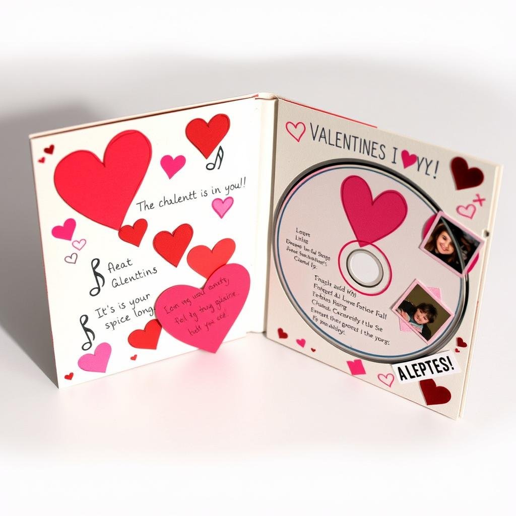 Handmade CD case with love-themed artwork and a personalized playlist
