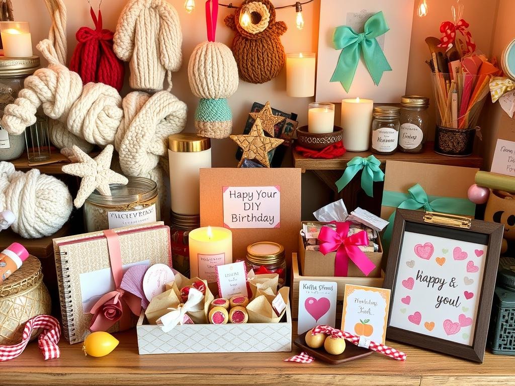 Handmade DIY birthday gifts including crafts, baked goods, and personalized items