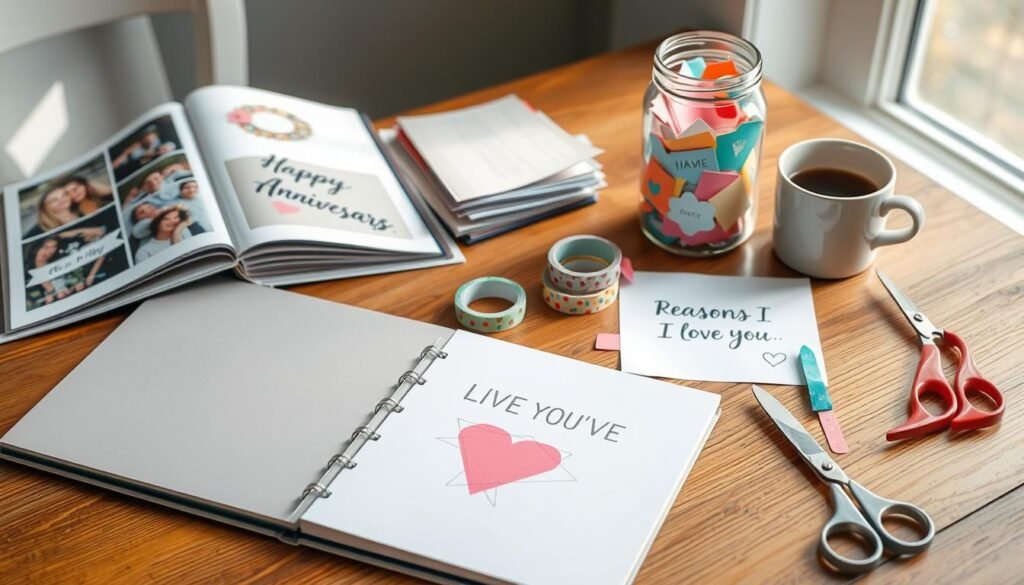 Handmade anniversary gifts in progress including scrapbook and love jar