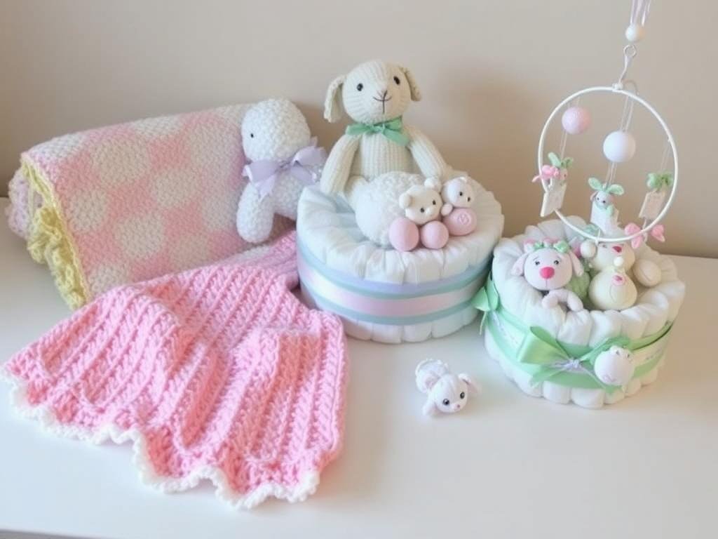 Handmade baby gifts including knitted blanket, hand-sewn stuffed animal, and DIY diaper cake