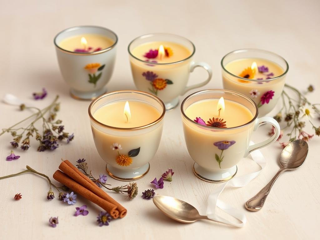 Handmade candles in vintage teacups with dried flowers