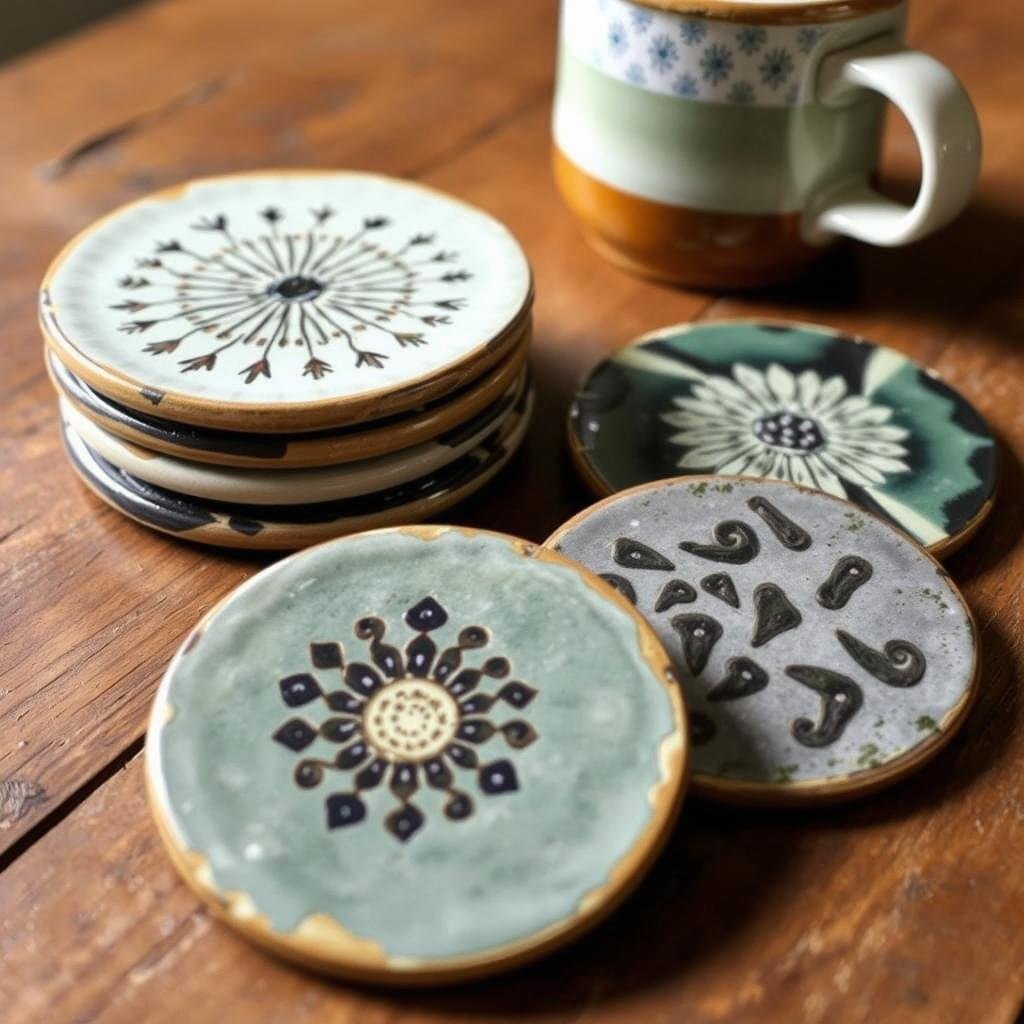 Handmade ceramic coasters with unique designs