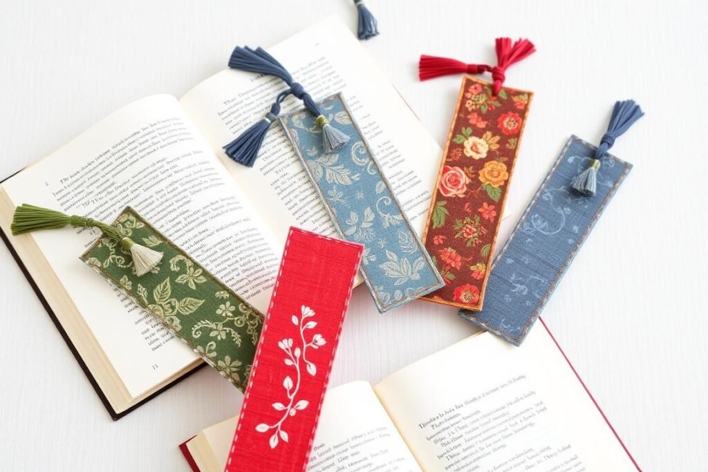 Handmade fabric bookmarks with decorative tassels