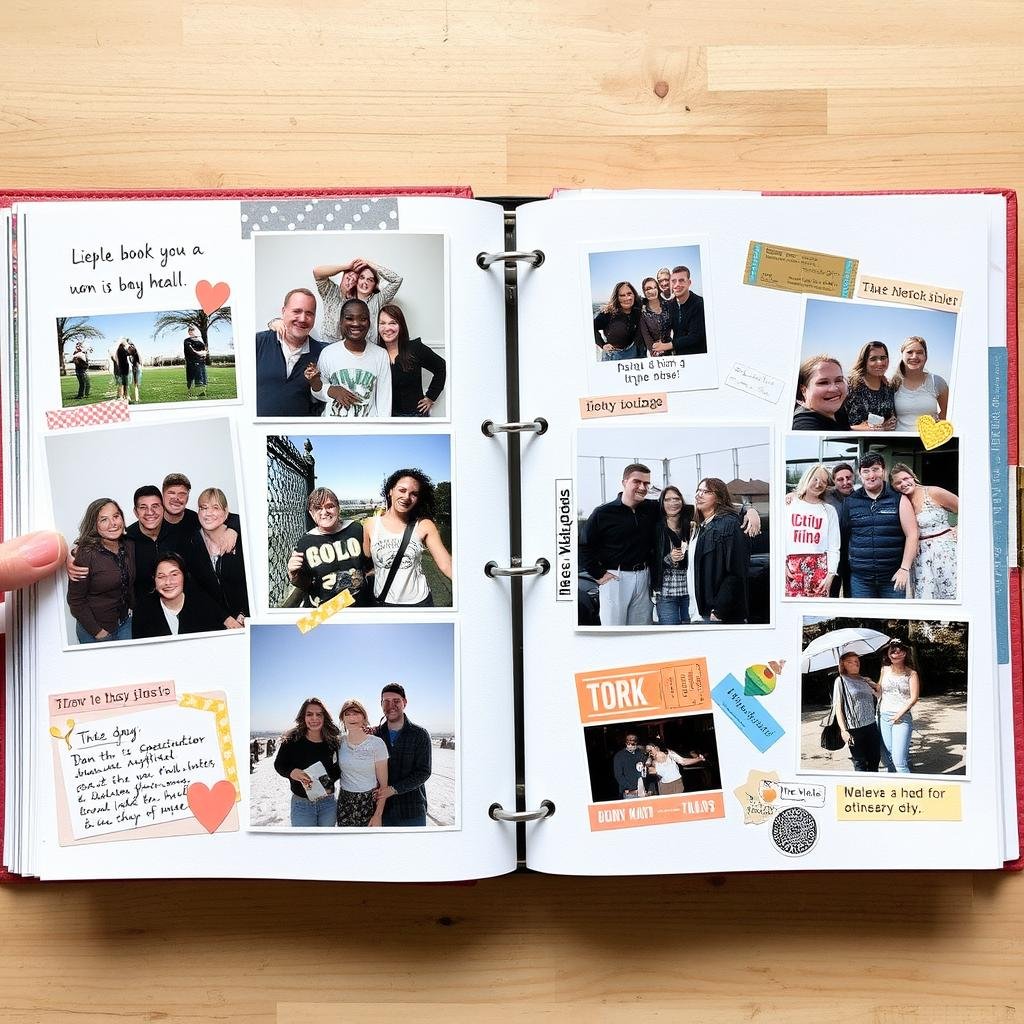 Handmade friendship scrapbook with photos and mementos