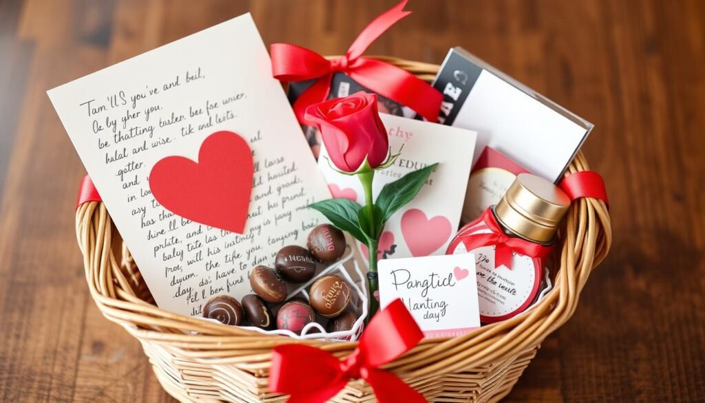 Handmade gift basket with affordable but thoughtful valentine gifts