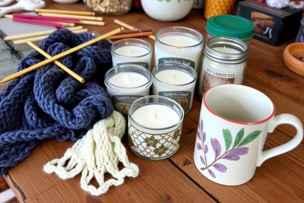 Handmade gifts including knitted scarf, homemade candles, and hand-painted pottery