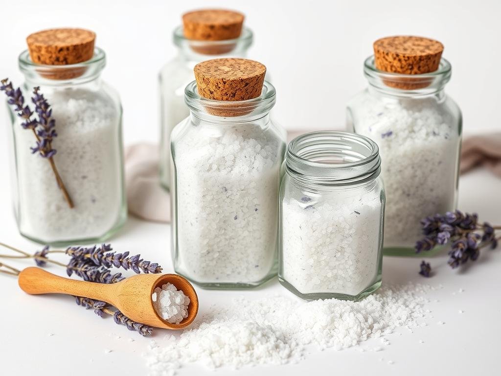 Handmade lavender bath salts in glass jars with dried lavender sprigs