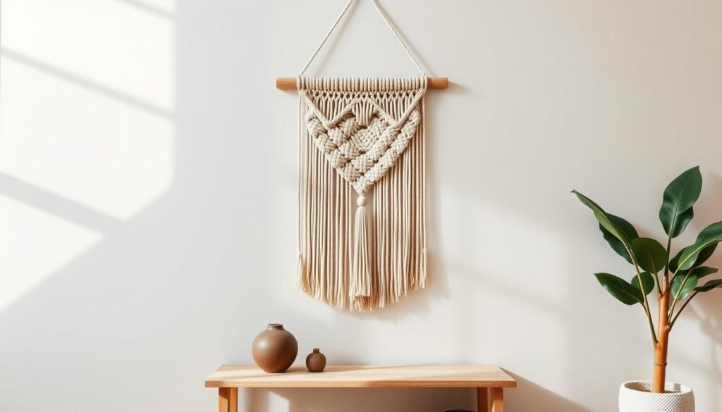 Handmade macramé wall hanging on a neutral wall above a wooden console table