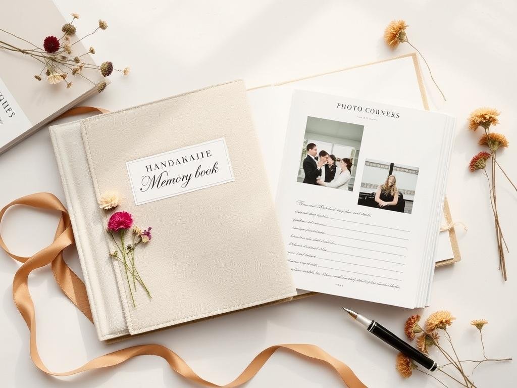 Handmade memory book with fabric cover and decorative elements