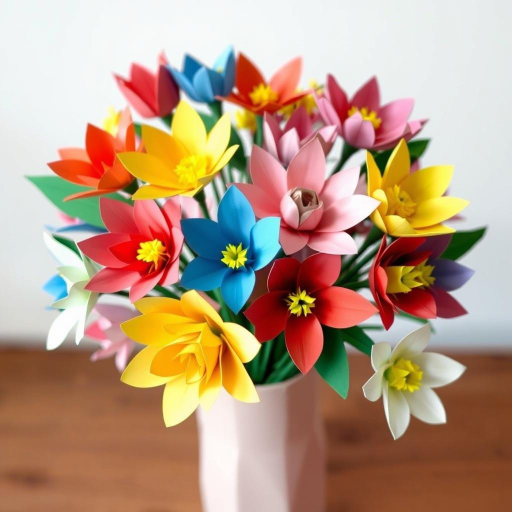 Handmade paper flowers in various colors arranged in a vase Handmade paper flowers in various colors arranged in a vase