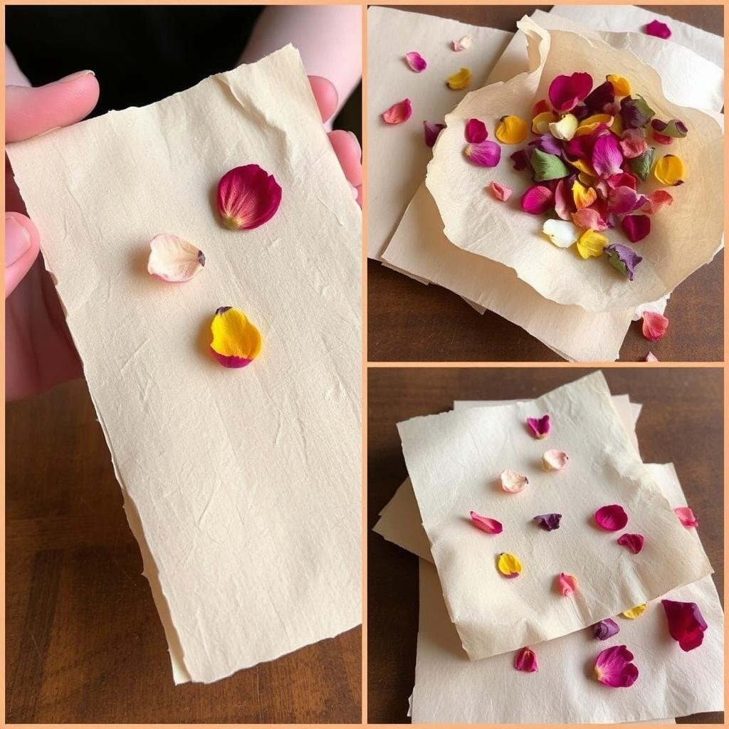 Handmade paper with flower petals embedded in it Handmade paper with flower petals embedded in it