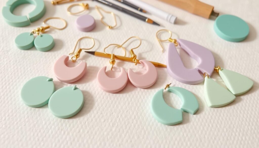 Handmade polymer clay earrings in various pastel colors and geometric shapes