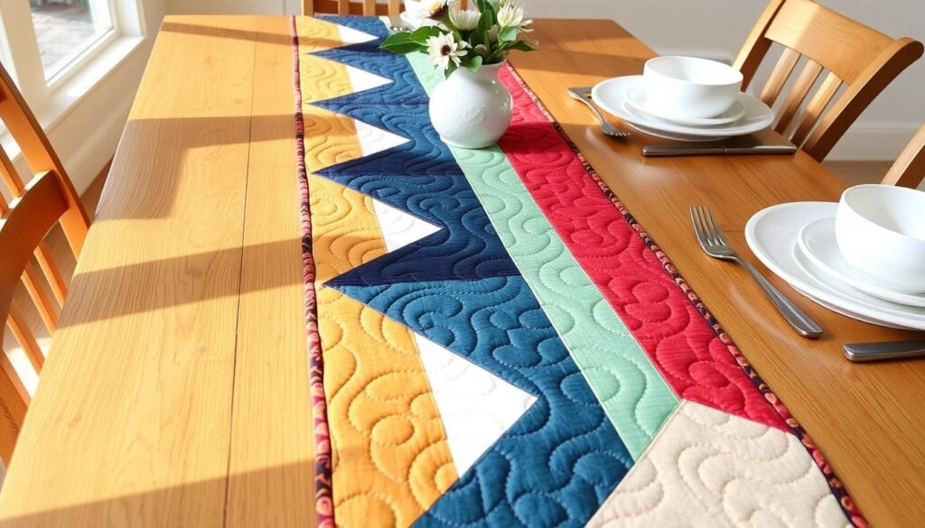 Handmade quilted table runner with modern geometric pattern