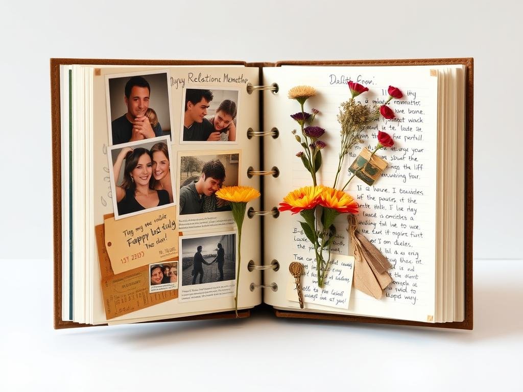 Handmade scrapbook with photos and mementos from 6 months together