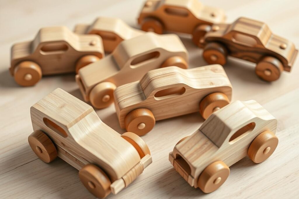 Handmade wooden toy cars with natural finish