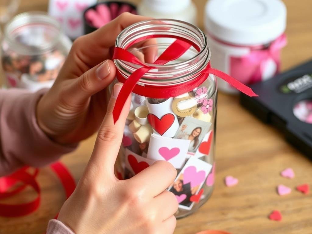 Hands creating a DIY photo memory jar for budget Valentine's Day gifts