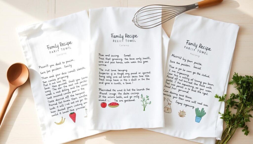 Handwritten recipe tea towels with colorful illustrations