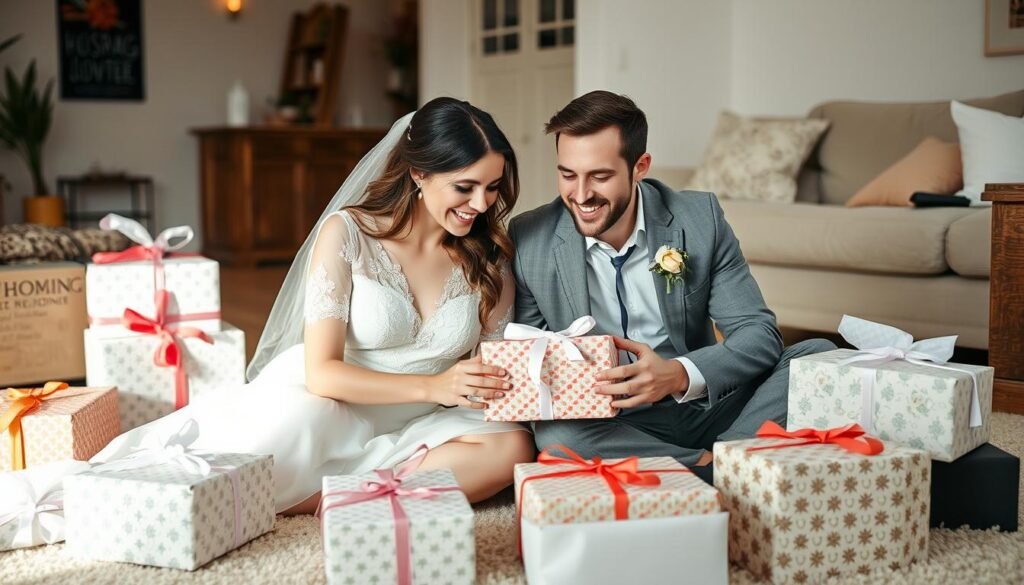 Happy bride and groom opening wedding gifts together, surrounded by wrapped presents