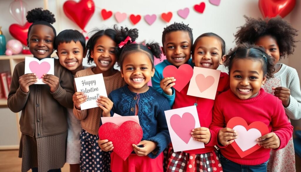 Happy children with their school valentines day gifts