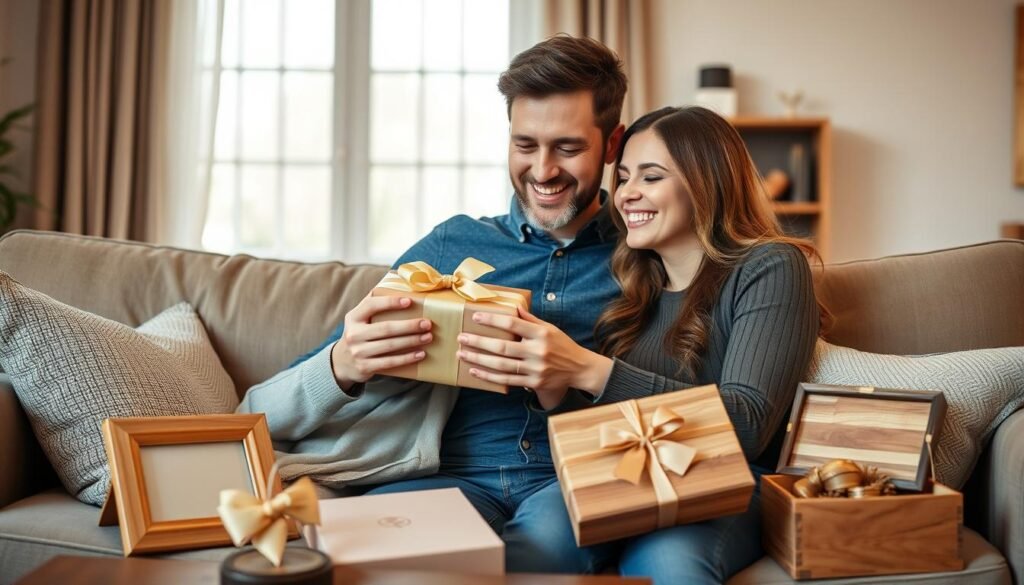 Happy couple celebrating 5 year anniversary with wooden gifts