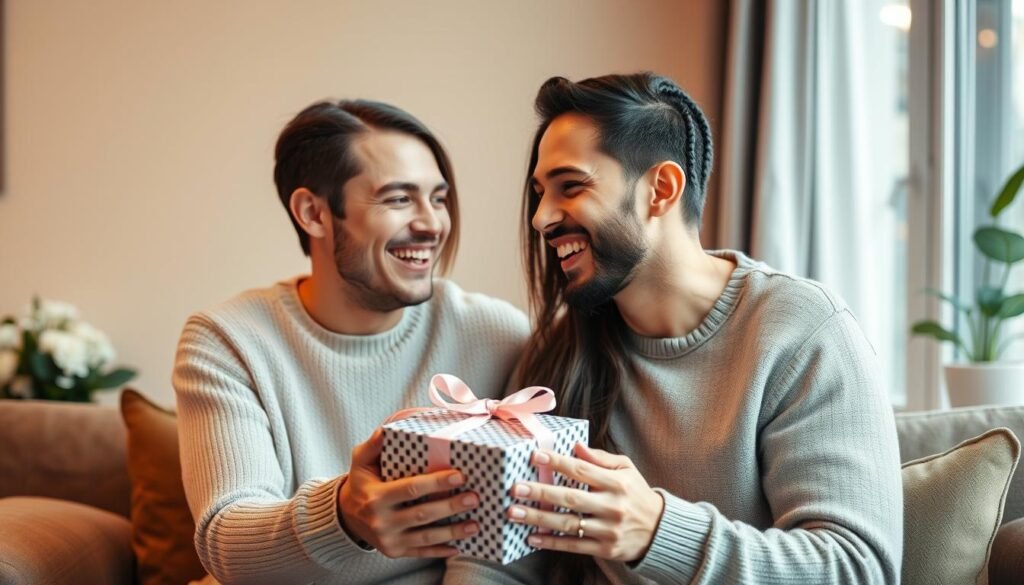 Happy couple celebrating 6 month anniversary with gifts