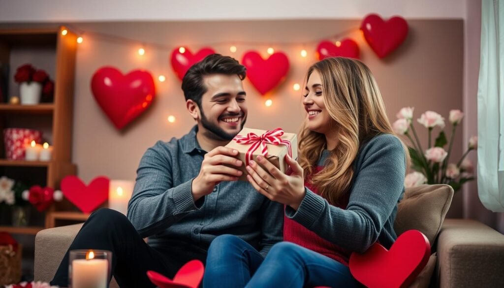 Happy couple celebrating Valentine's Day with gifts
