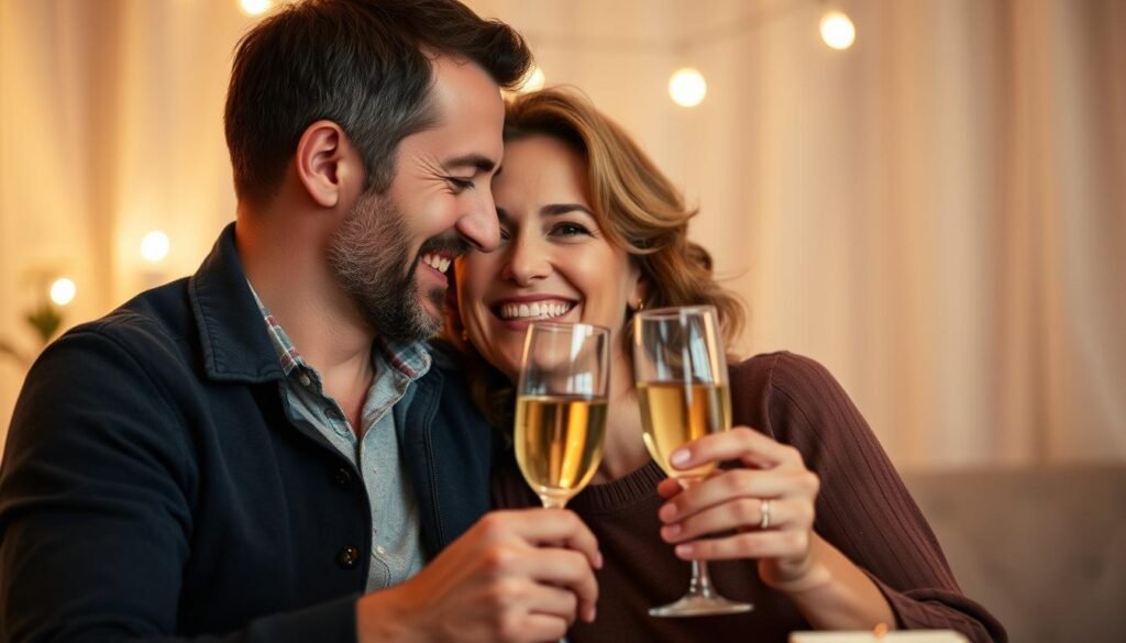 Happy couple celebrating anniversary with gifts and champagne