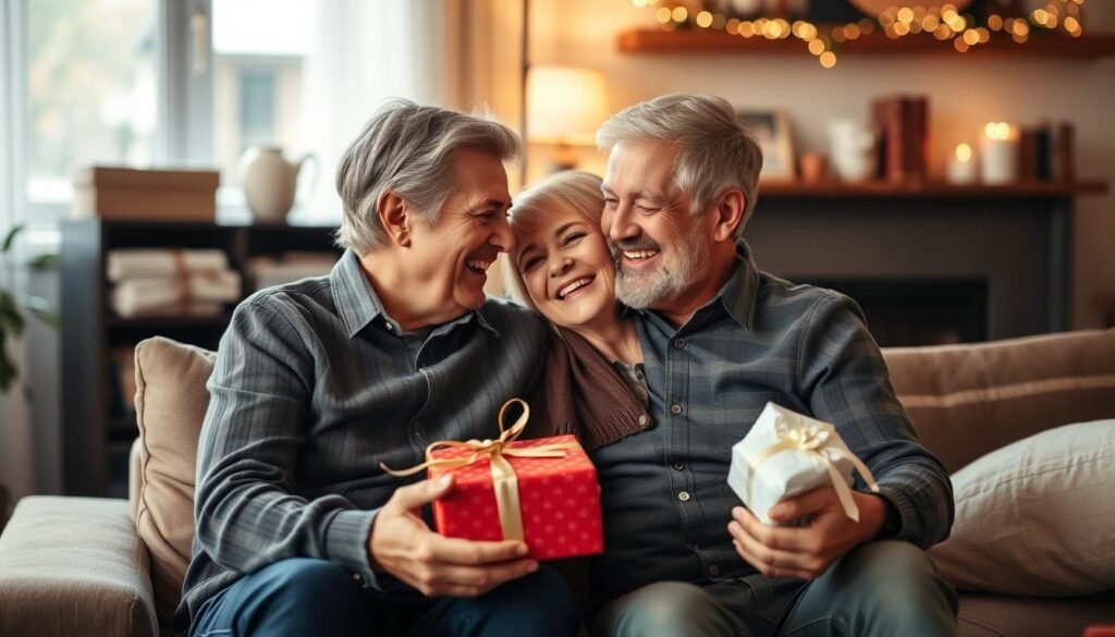 Happy couple celebrating anniversary with meaningful gifts