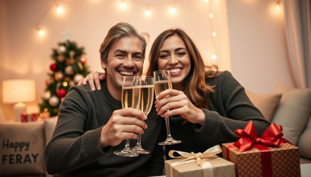 Happy couple celebrating their 1 year anniversary with gifts and champagne