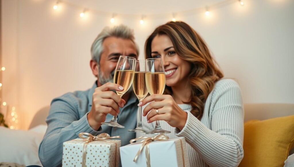 Happy couple celebrating their anniversary with gifts and champagne