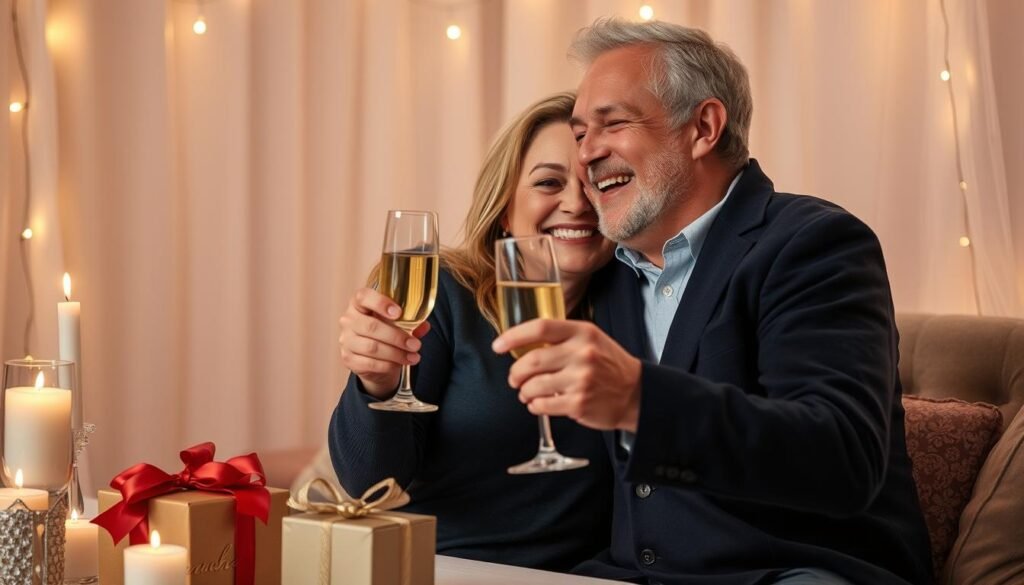 Happy couple celebrating their anniversary with gifts and champagne