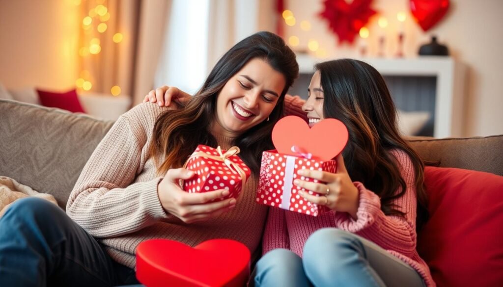 Happy couple exchanging valentine gifts with joy and love