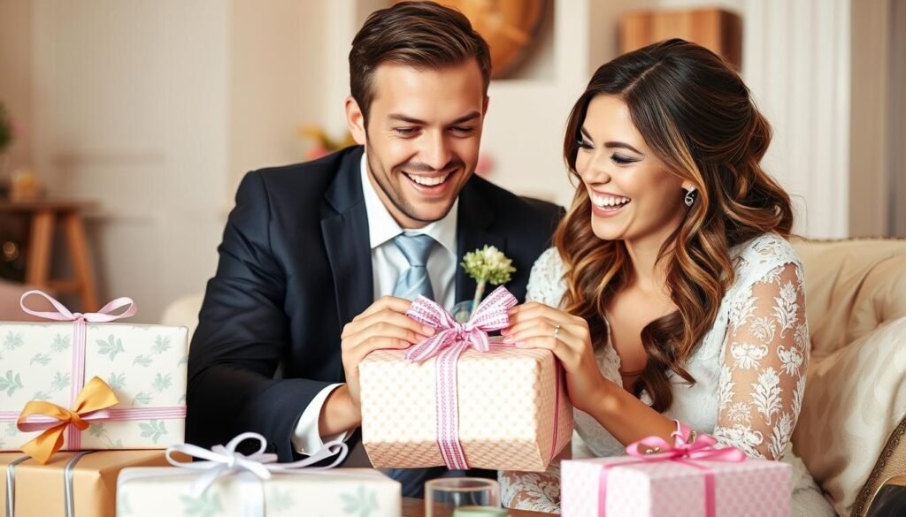 Happy couple opening DIY wedding gifts with expressions of joy