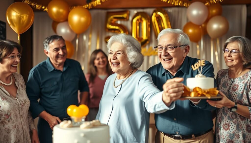 Happy elderly couple celebrating their 50th wedding anniversary surrounded by family and golden decorations