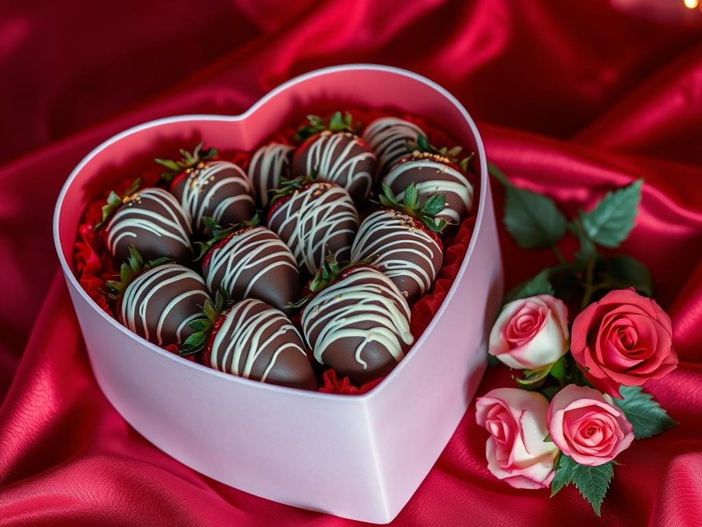 Heart-shaped box of gourmet chocolate-covered strawberries - cute valentines gifts