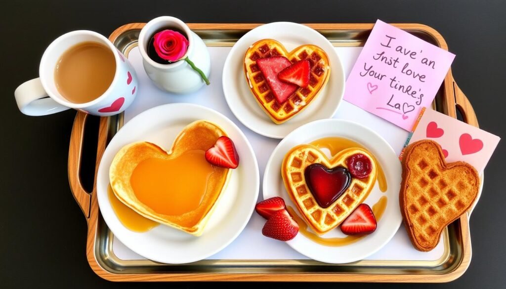Heart-shaped breakfast setup with pancakes and waffles - cute valentines gifts