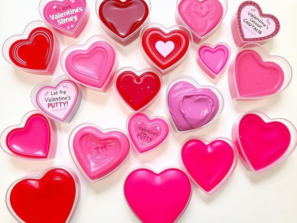 Heart-shaped containers of Valentine's themed slime and putty in festive colors